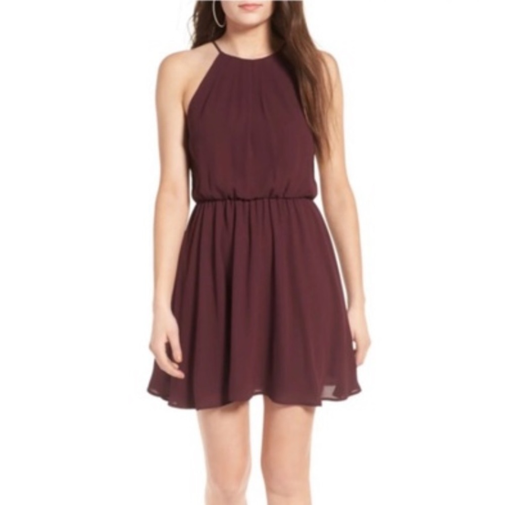 Lush Burgundy Blouson Chiffon Skater Keyhole Back Night Out Dress Sz XS